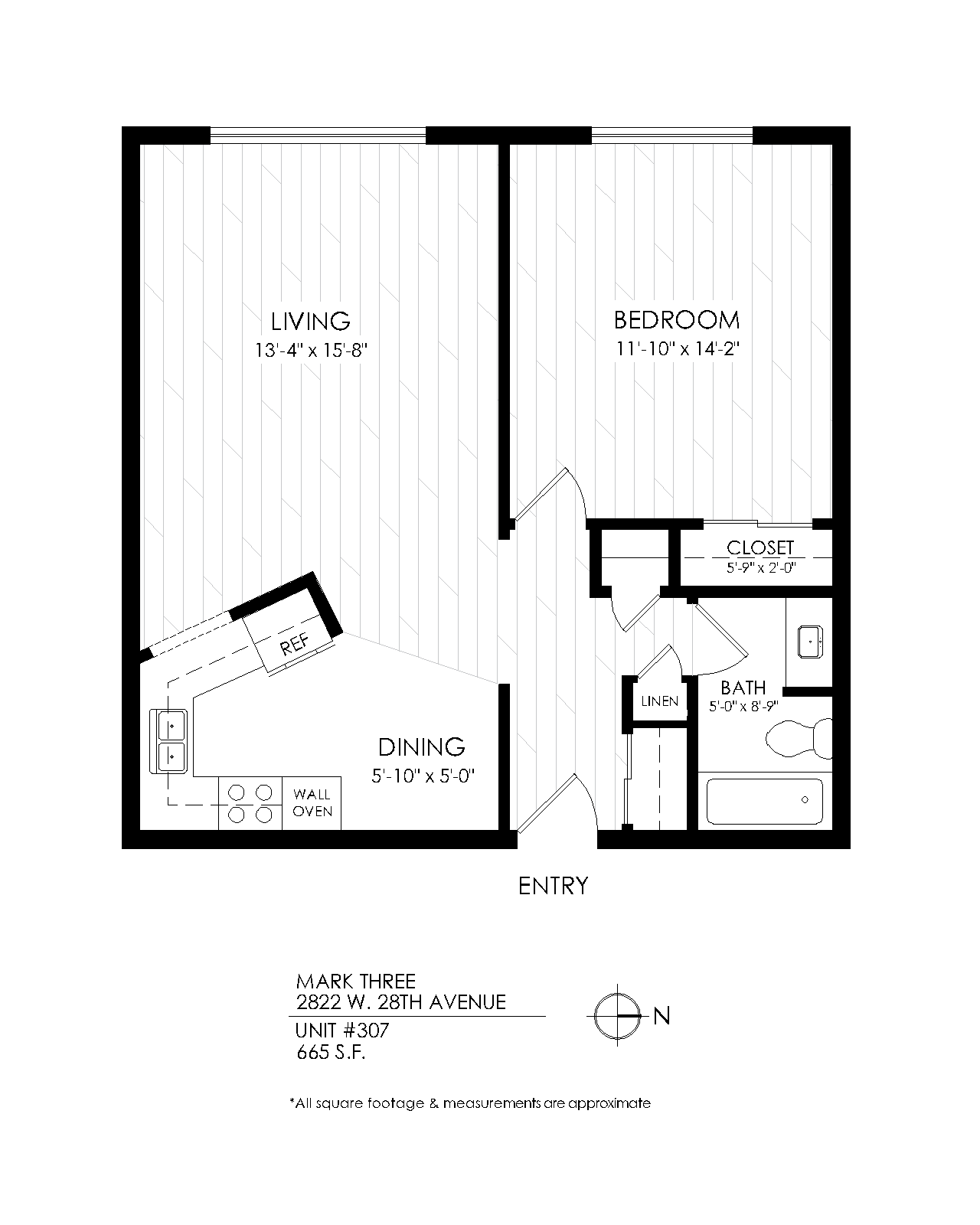 Floor plan for 1 bed, 1 bath, 690 sqft